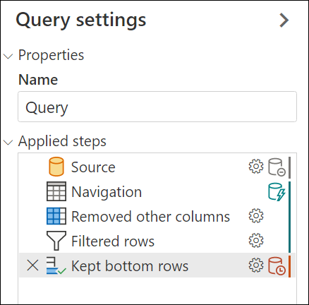Screenshot of the query folding indicators for the sample query inside the Applied steps pane.