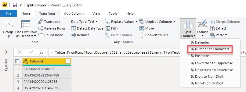 Screenshot of the split column button in the Transform tab.