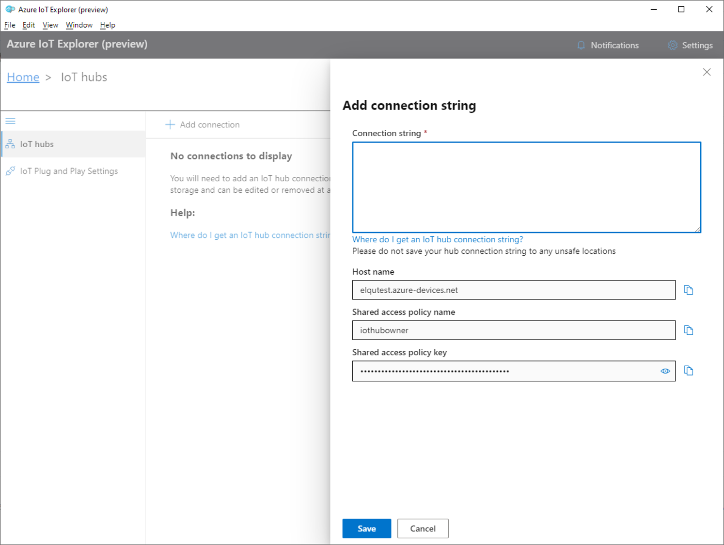 Azure Iot Explorer window with box for pasting connection string into.