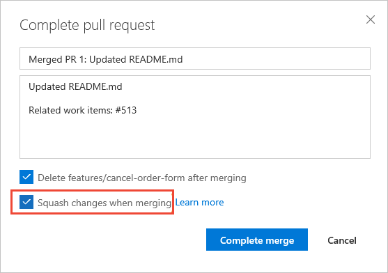 Complete pull request dialog box, check squash-merge
