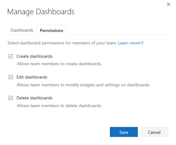 Screenshot of Manage dashboards permissions dialog for TFS 2018.