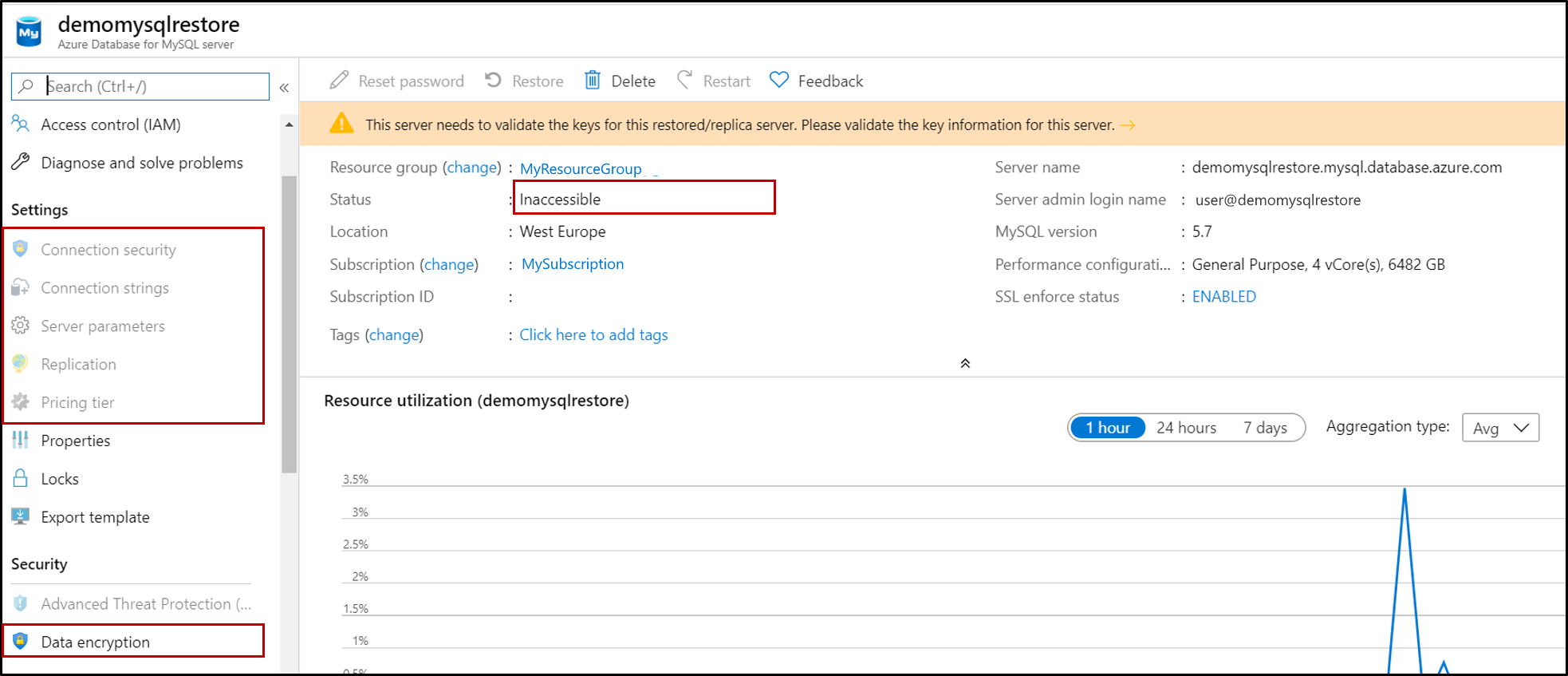 Screenshot of Azure Database for MySQL, with Inaccessible status highlighted