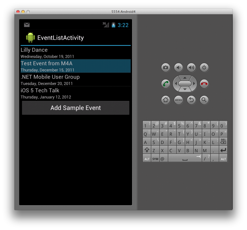 Screenshot of example app with calendar events followed by Add Sample Event button