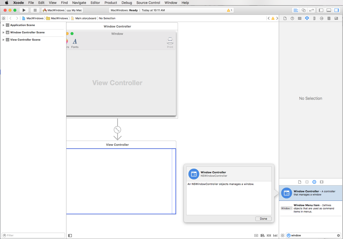 Selecting a new Window Controller in the Library