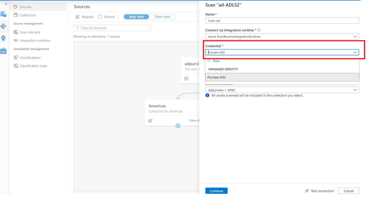 Screenshot that shows the managed identity option to run the scan