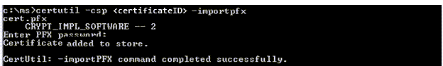 Screenshot of the certutil command for importing the certificate.