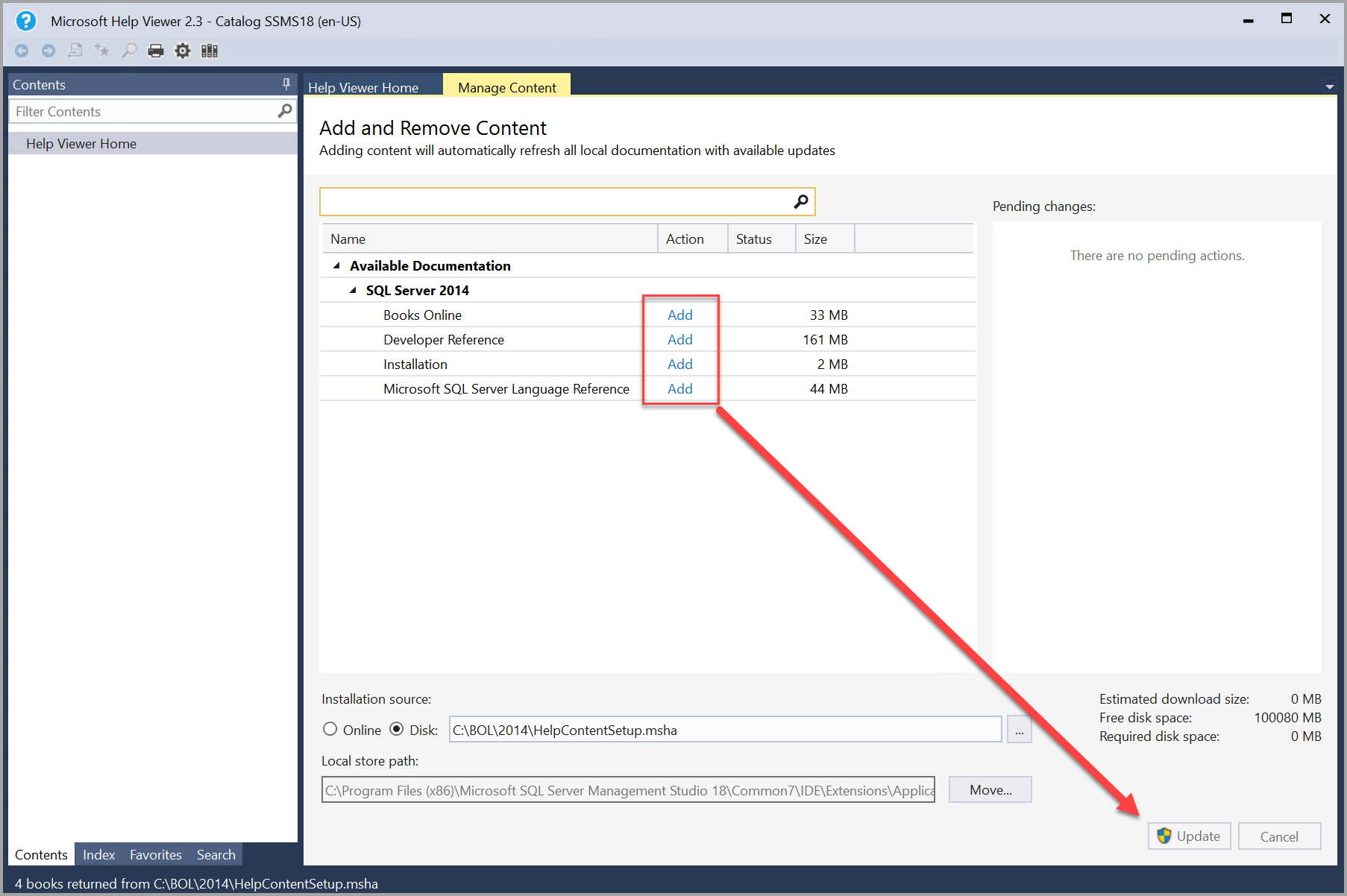 Screenshot of SQL Server 2014 books add and update in Help Viewer.
