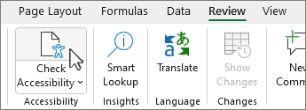 Screenshot of the Accessibility Checker button on the Review ribbon.