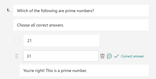 Screenshot of the customized correct answer message in Microsoft Forms.