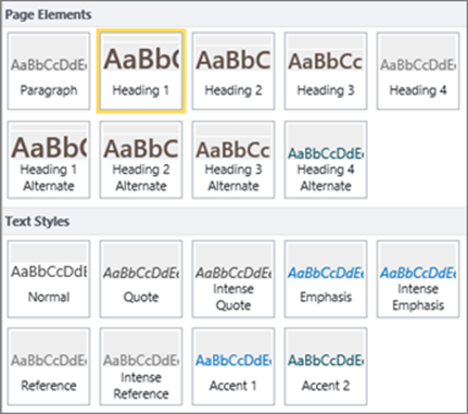 Screenshot of Page Elements and Text Styles available from the Styles group on the SharePoint Online ribbon.