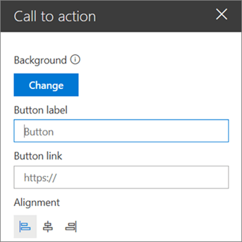 Screenshot of the toolbox for the Call to Action web part for SharePoint sites, showing how to customize the link, button, and alignment of the web part.