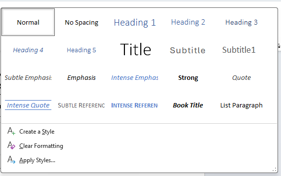 Screenshot of the Styles drop-down menu in Word.