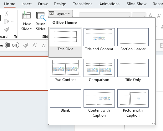 Screenshot of the drop-down menu for different layouts in PowerPoint.