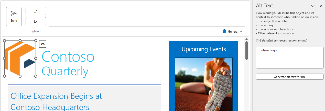 Screenshot of the Alt Text pane in Outlook.