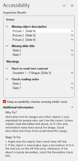 Screenshot of the Accessibility Checker showing issues and warnings.