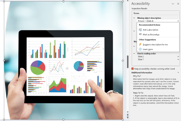 Screenshot showing how to select an issue in the Accessibility Checker list and review suggestions.