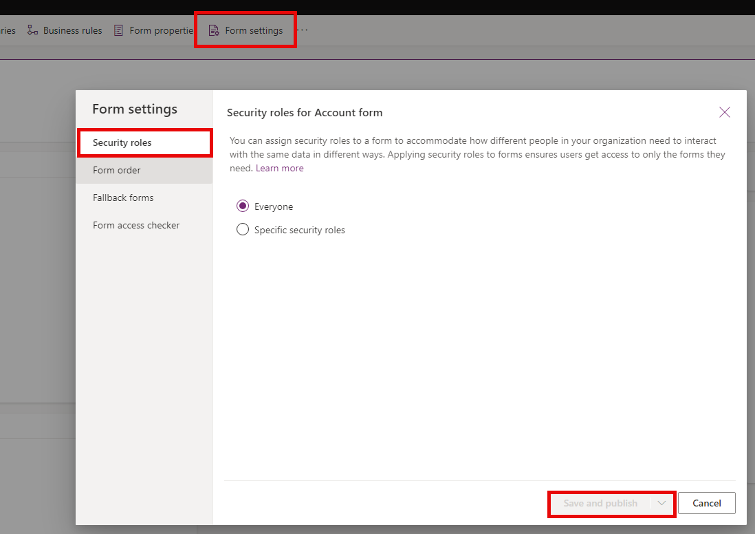 Screenshot of form settings showing security roles tab.