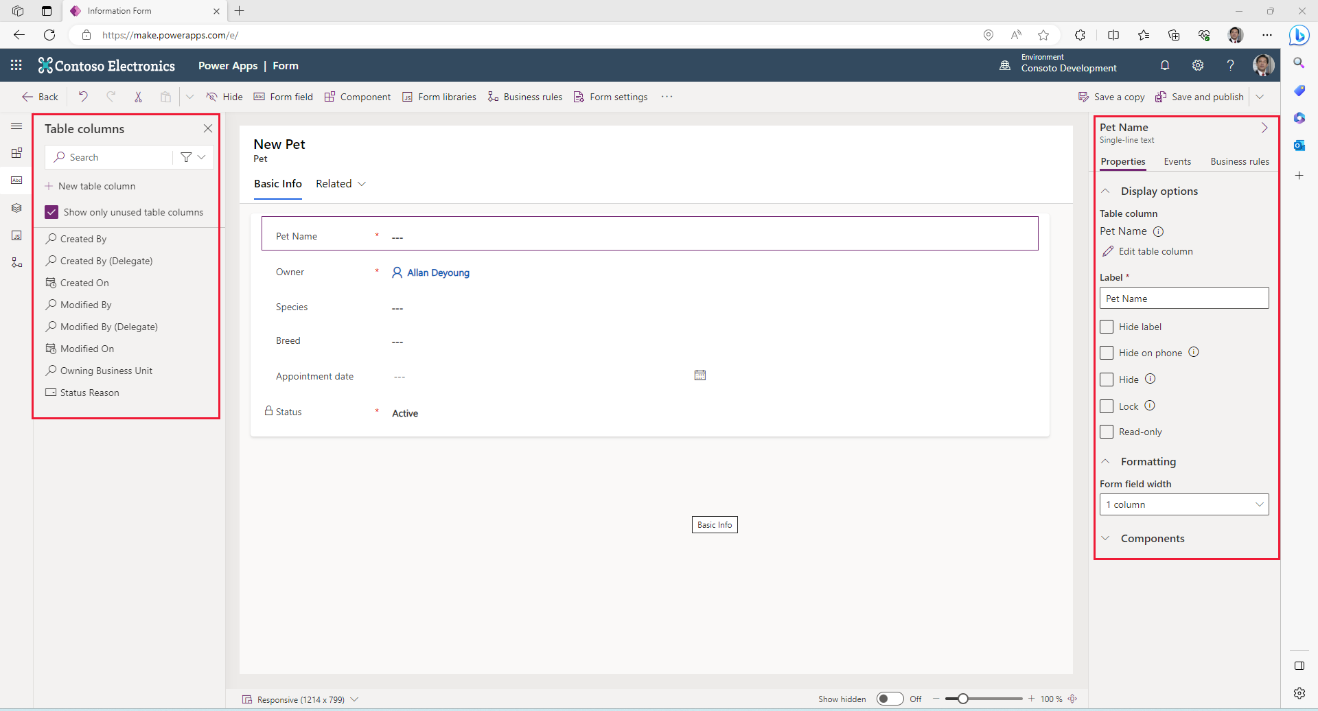 Screenshot of the form screen highlighting the form field button, the table columns and the form column properties.