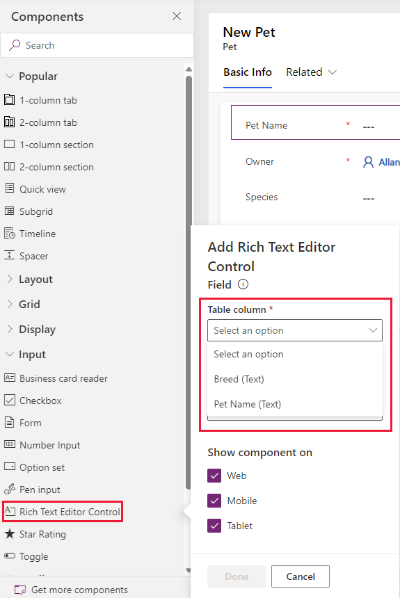 Screenshot of Popup window depicting Add Rich Text Editor Control table column choices.