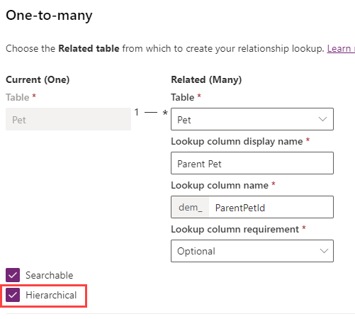 Screenshot of creating a hierarchical relationship.