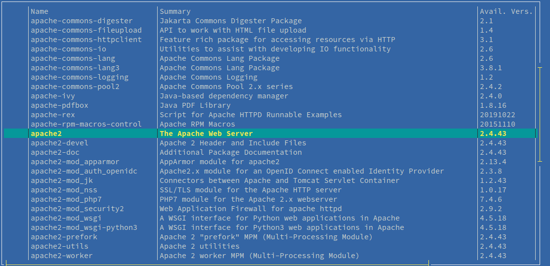 Screenshot of search results for apache2 in YaST Control Center.