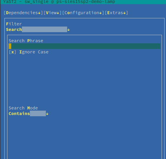 Screenshot showing the YaST Control Center search screen.