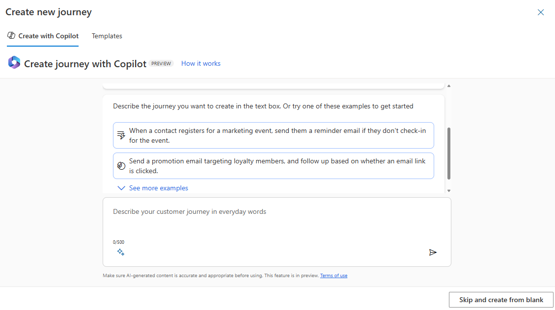 Screenshot of the **Create a journey with Copilot** screen.