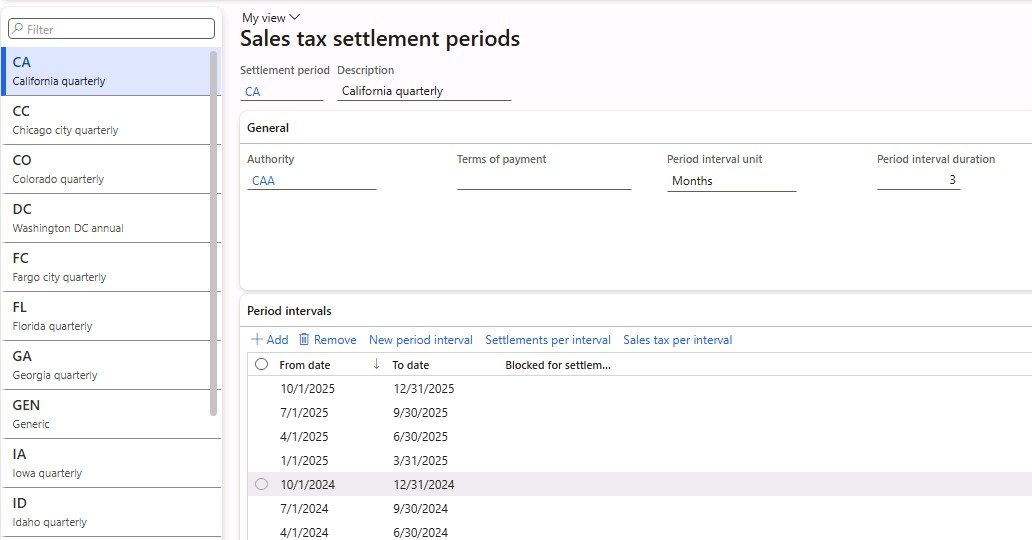 Screenshot of a page for sales tax settlement periods.