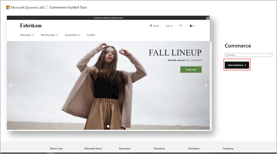 Screenshot of the landing page with Commerce selected for a guided tour.