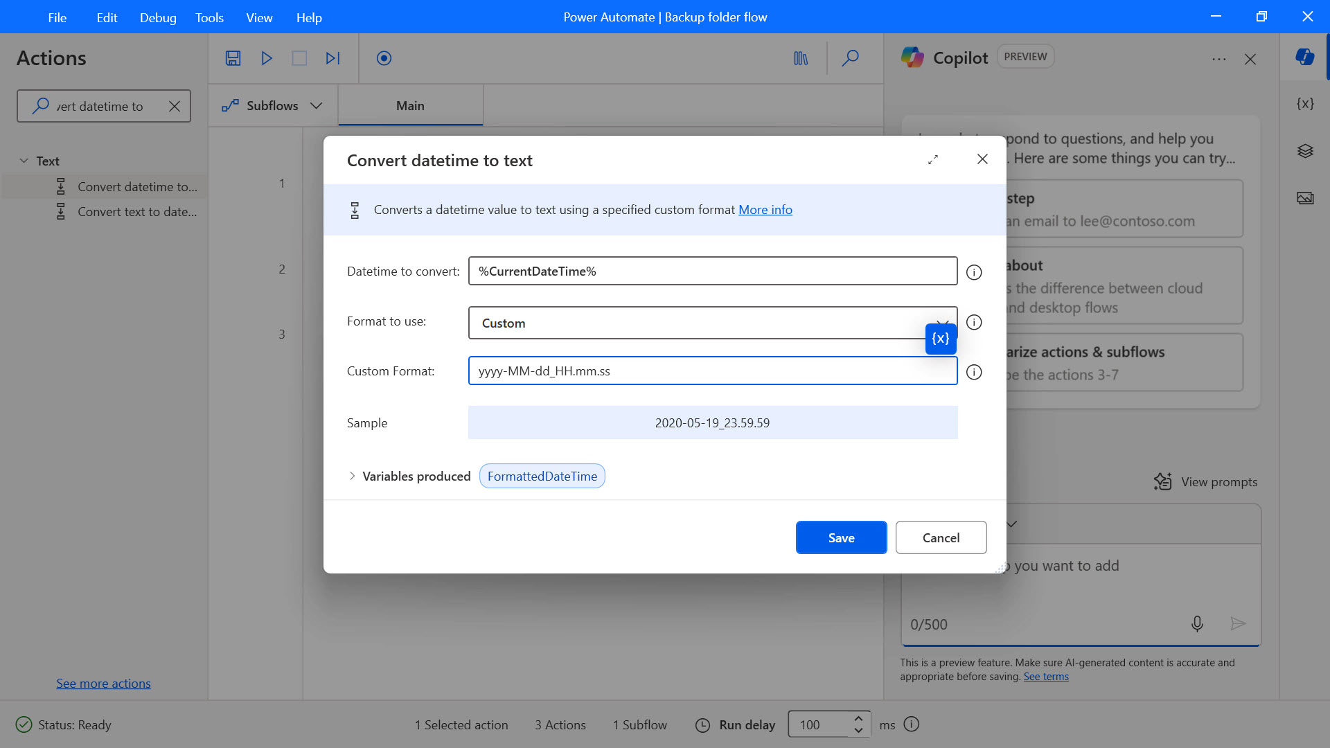 Screenshot of the Convert date time to text dialog box.