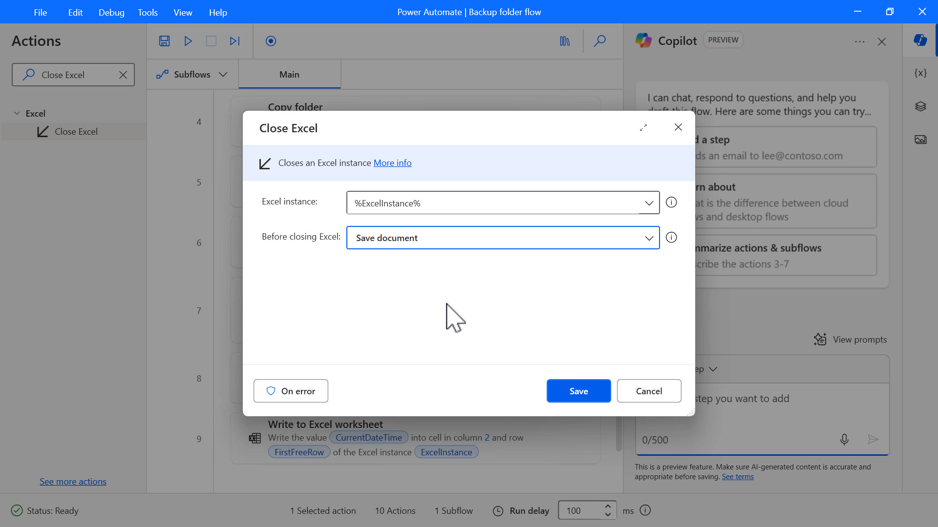 Screenshot of the Close Excel action dialog.