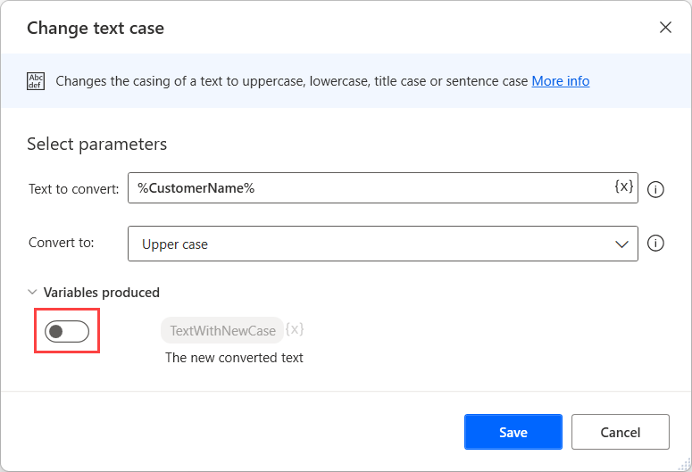 Screenshot of the option to disable a produced variable.