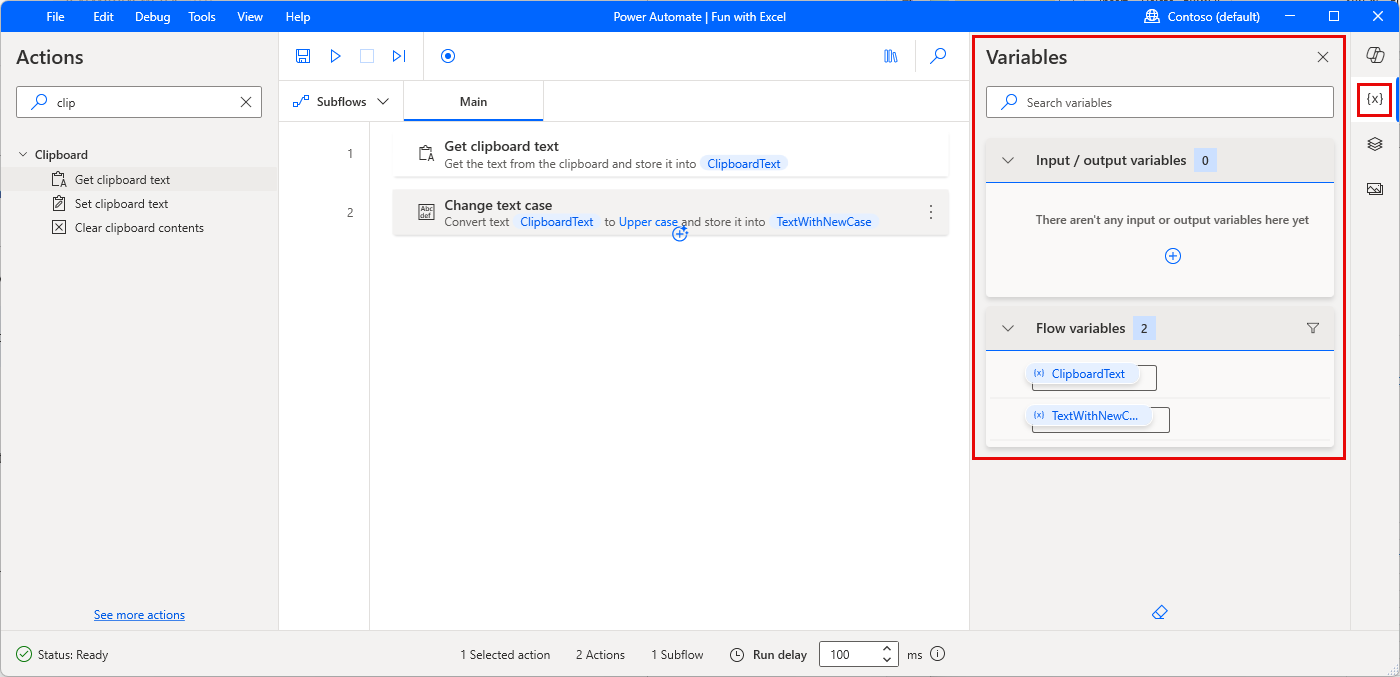 Screenshot of the Power Automate for desktop variables pane.