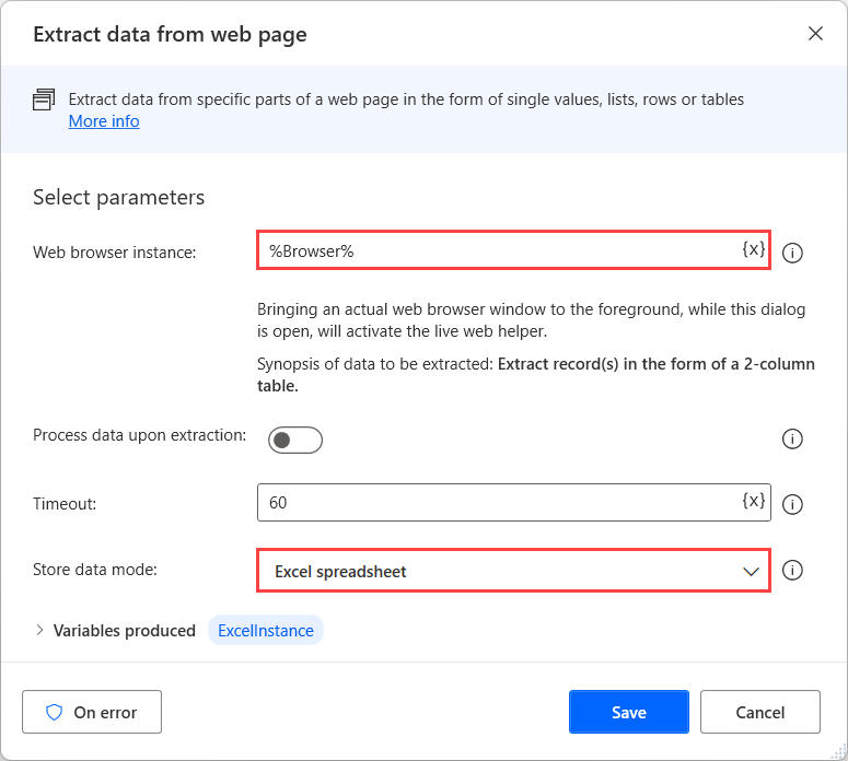 Screenshot of the Extract data from web page action.