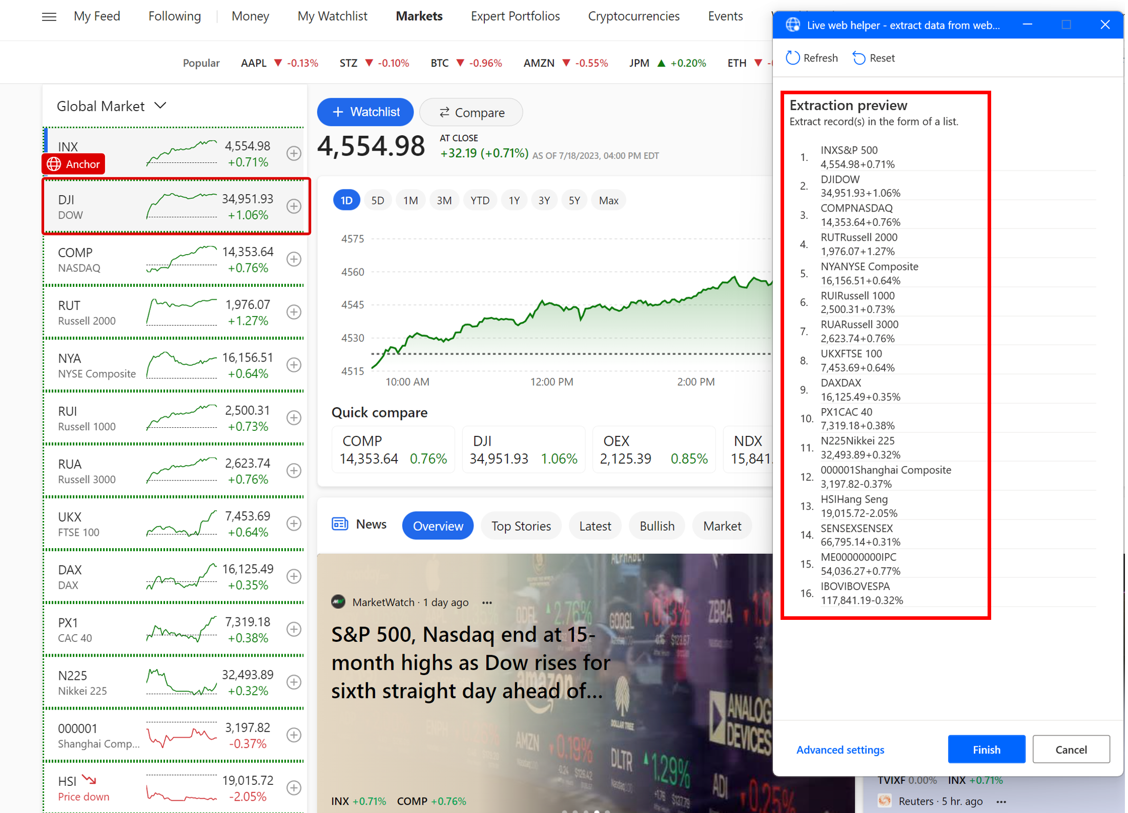 Screenshot of the Extraction preview of all stocks.