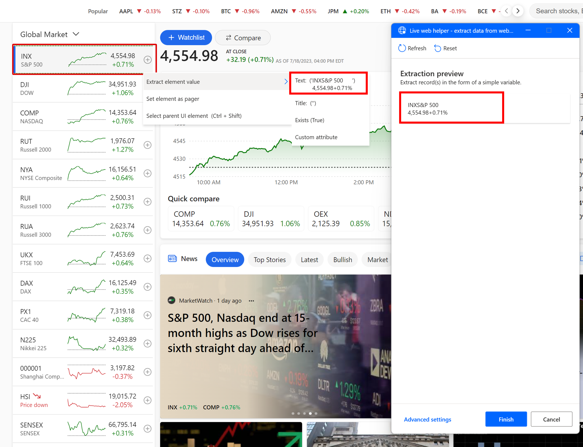 Screenshot of the Extraction preview of the first stock.