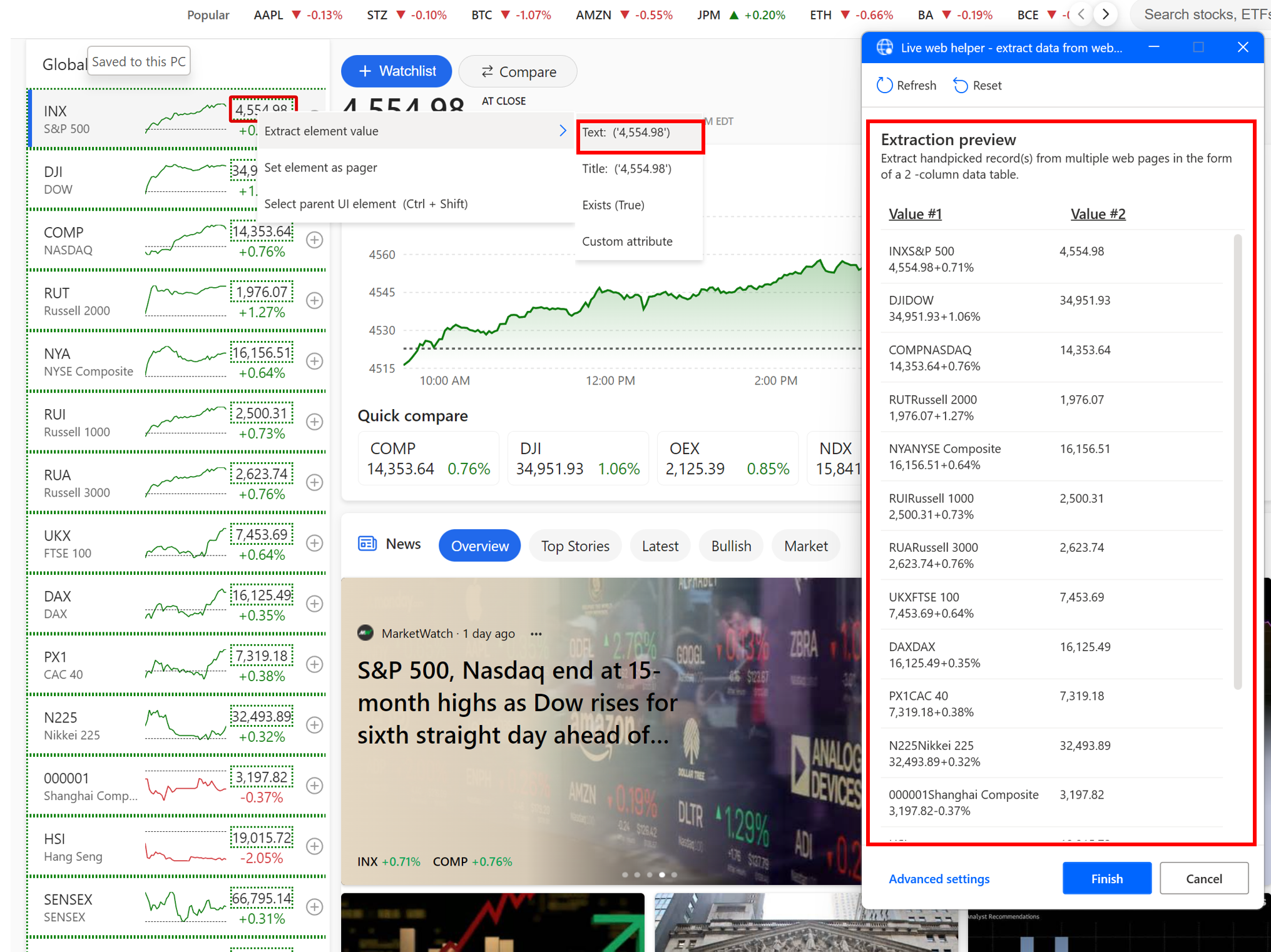 Screenshot of the Extraction preview of the prices of the stocks