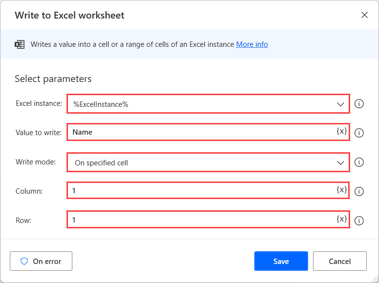 Screenshot of the first Write to Excel worksheet action to write the name header.