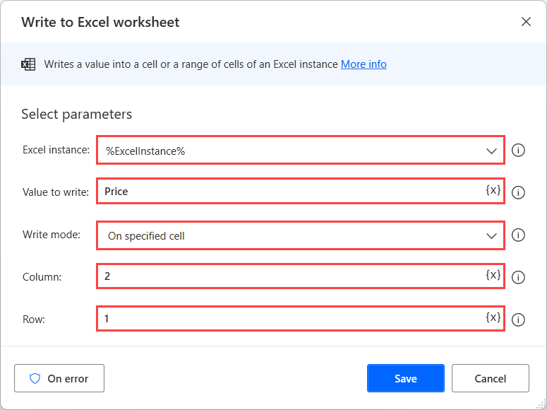 Screenshot of the second Write to Excel worksheet action to write the price header.