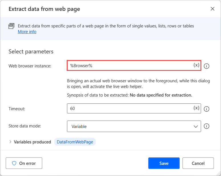 Screenshot of the Extract data from web page action.