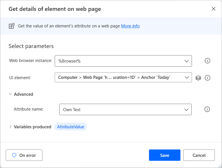 Screenshot of the Get details of element on web page action.