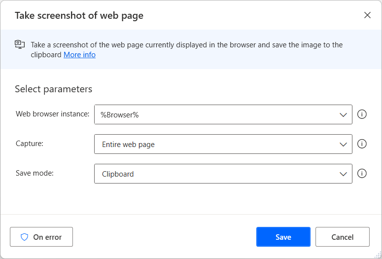 Screenshot of the Take screenshot of web page action.