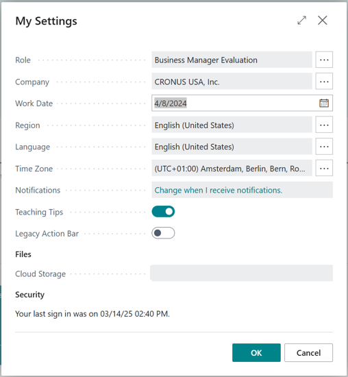 Screenshot of the My Settings page in Business Central.