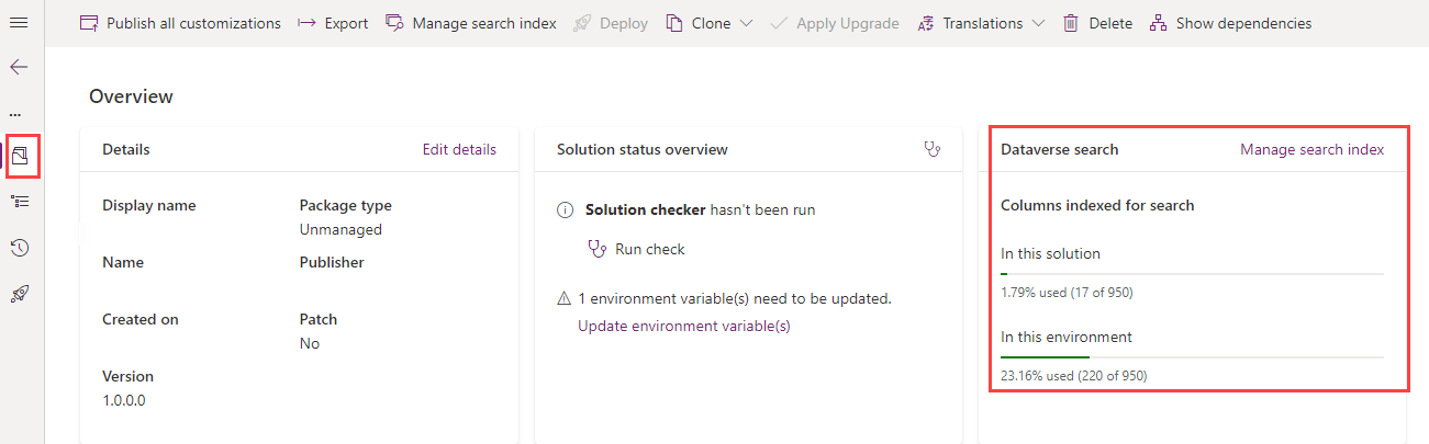 Screenshot manage search index in a solution.