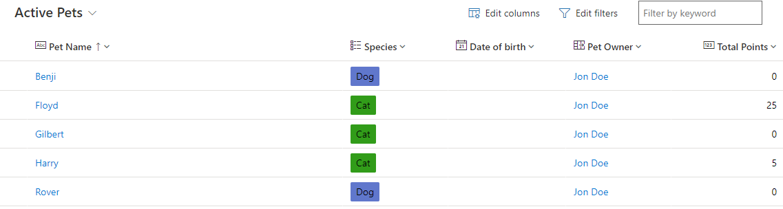 Screenshot of table view and filter and search.