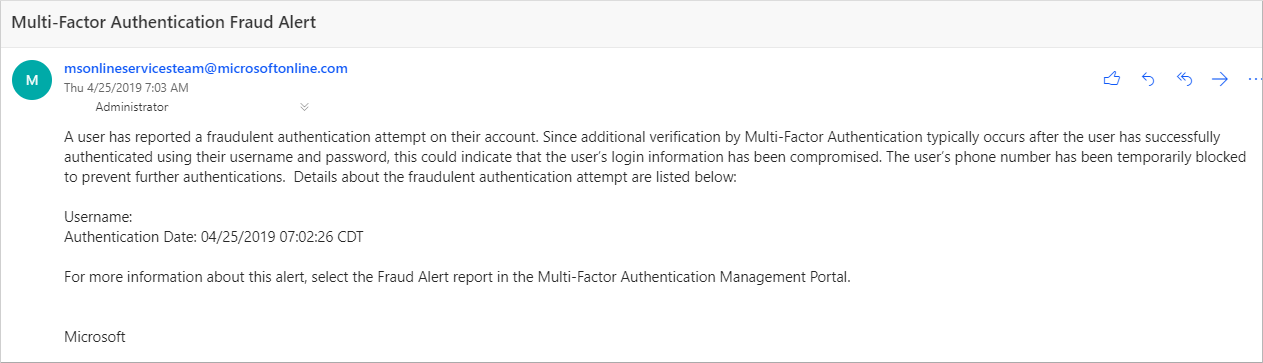 Screenshot showing an example of a Microsoft Entra ID fraud alert email notification.