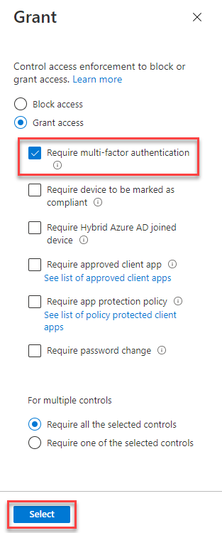 Screenshot showing an example of how to grant access and require multifactor authentication.