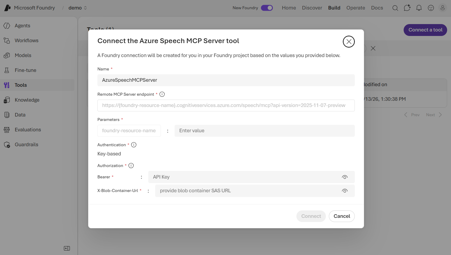Screenshot of the Tools catalog in the Foundry portal showing the Azure Speech in Foundry Tools connection configuration.