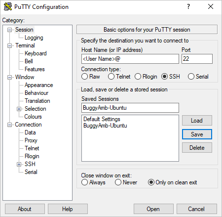 Screenshot of putty configuration.