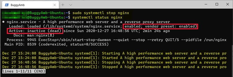 Screenshot of stop command.